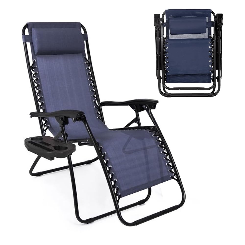 NavyBlue Adjustable Folding Zero Gravity Lounge Chair with Pillow and Cup Holder S912