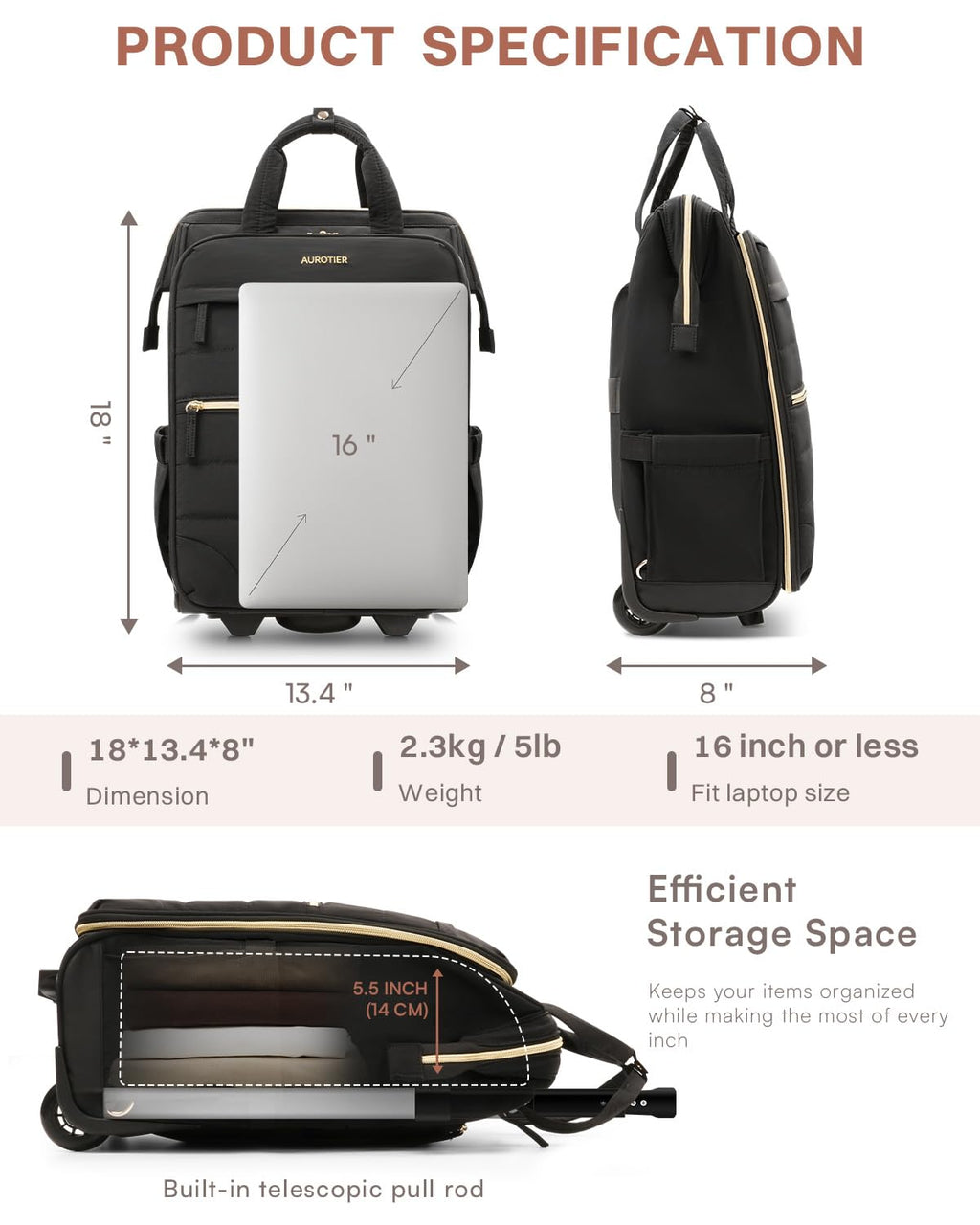 Rolling Puffer Laptop Bag Set with Wheels, 16 Inch Underseat Carry on Luggage J546452