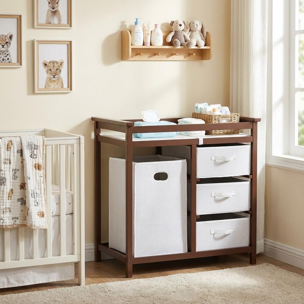 Modern Baby Changing Table with Laundry Hamper & 3 Drawers P9402
