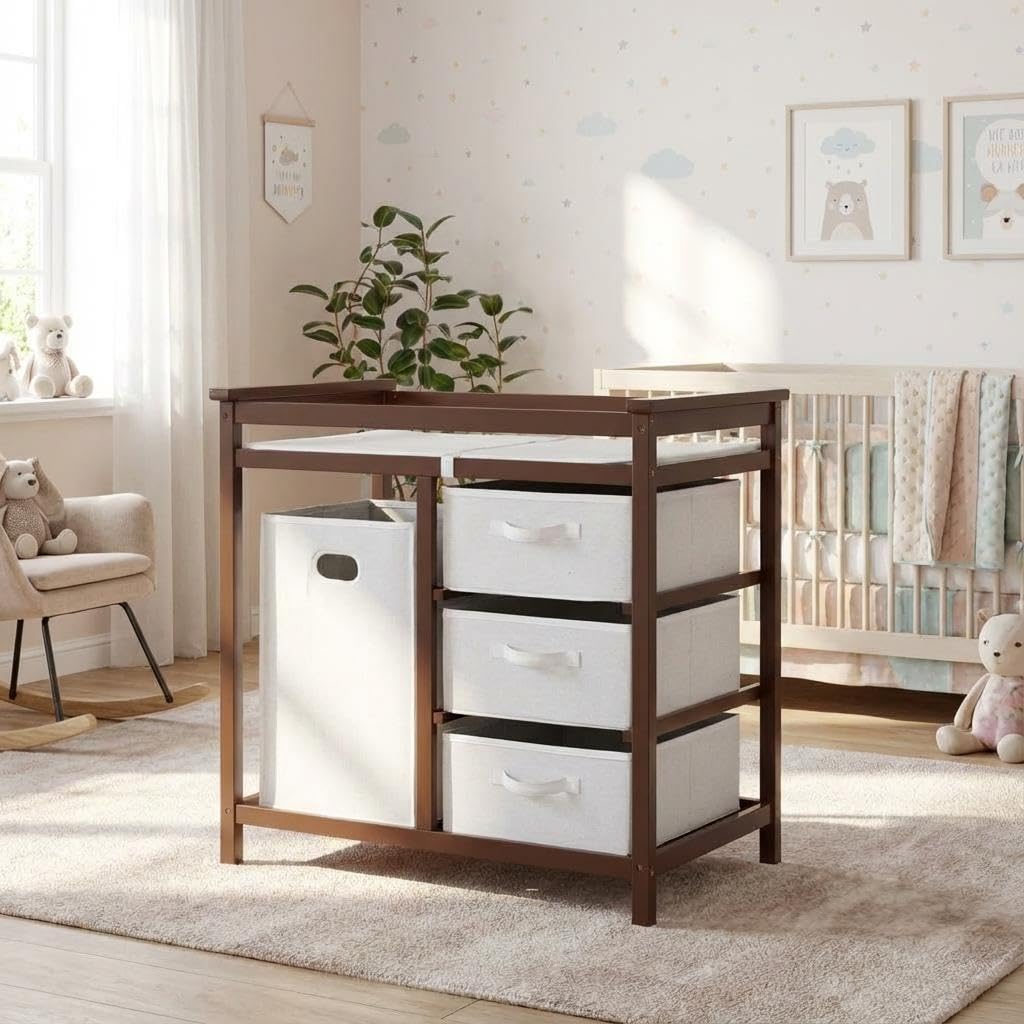 Modern Baby Changing Table with Laundry Hamper & 3 Drawers P9402