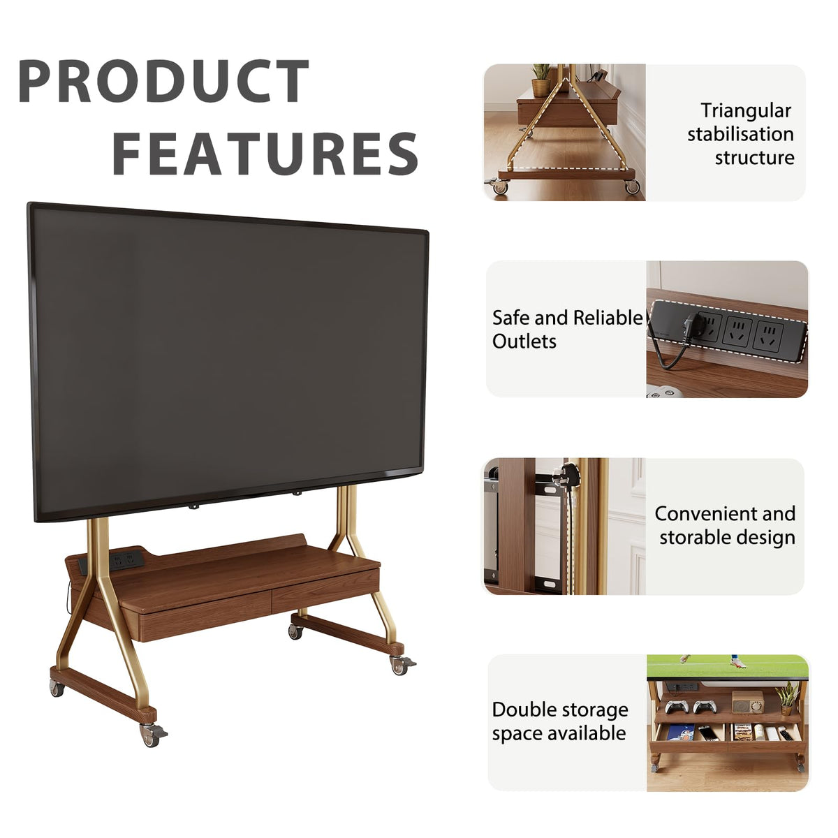 Rolling TV Stand with Wheels for 40-75" TVs, Height Adjustable, 2 Drawers N32853