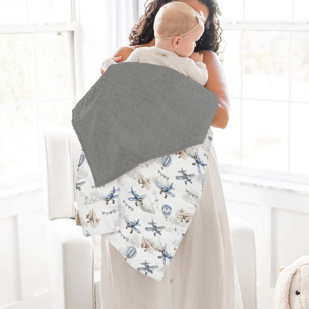 Vintage Planes Helicopters Hot Air Balloon Soft Mink Dotted Backing Double Layer Baby Blanket 30x40 J1966