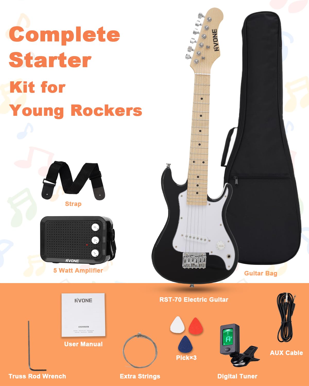 30 Inch Kids Electric Guitar Kit with 5W Amp Black Q819153