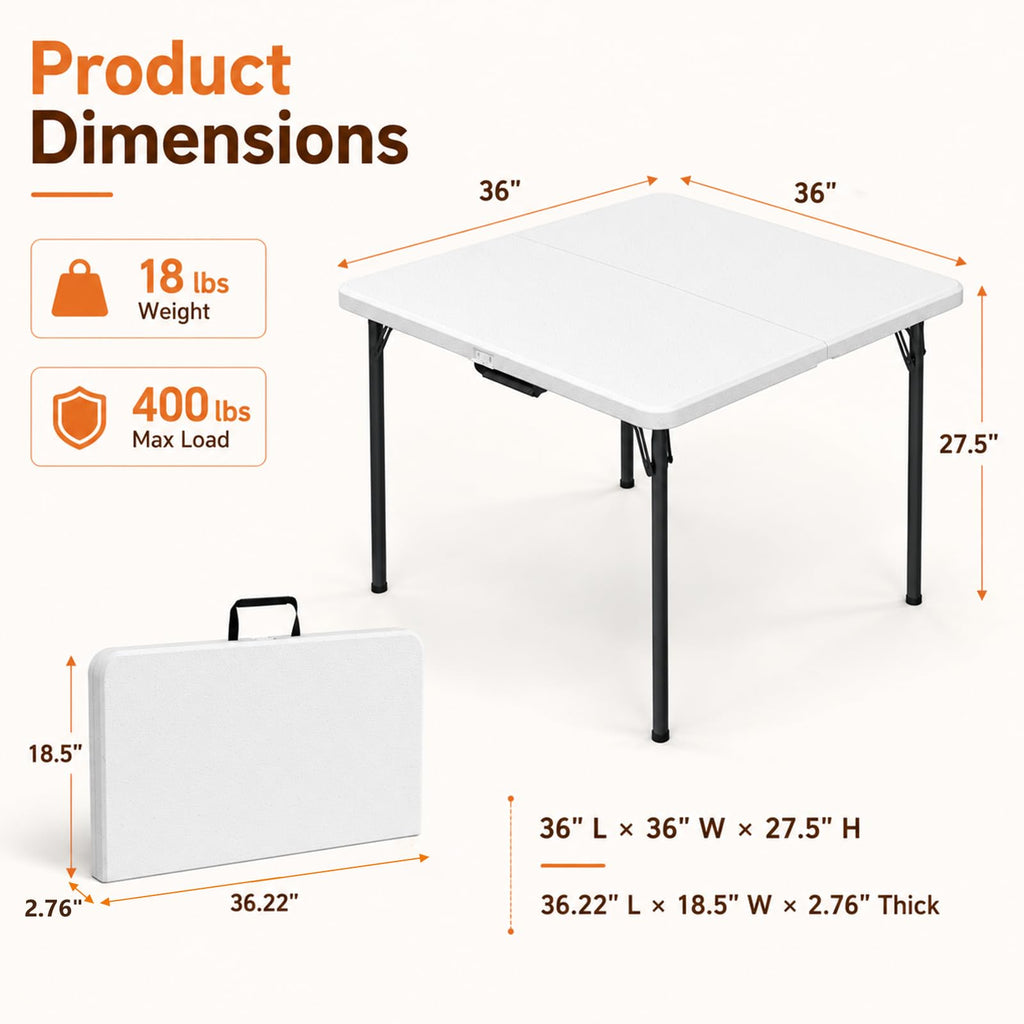 36" Square White Plastic Folding Card Table with Carrying Handle B229877