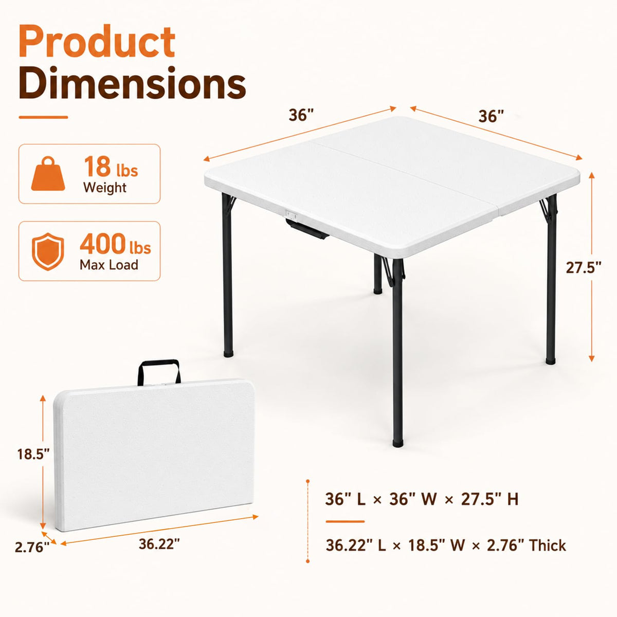 36" Square White Plastic Folding Card Table with Carrying Handle B229877