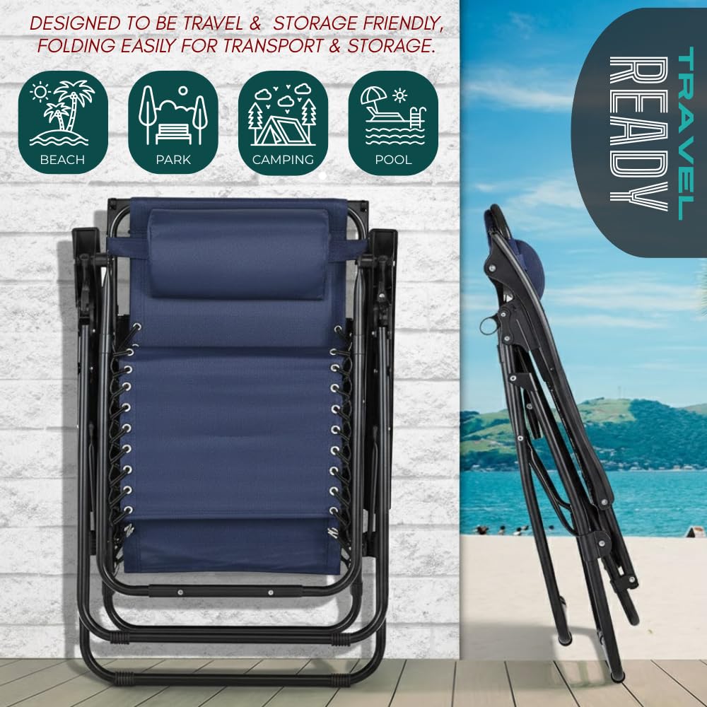 NavyBlue Adjustable Folding Zero Gravity Lounge Chair with Pillow and Cup Holder S912