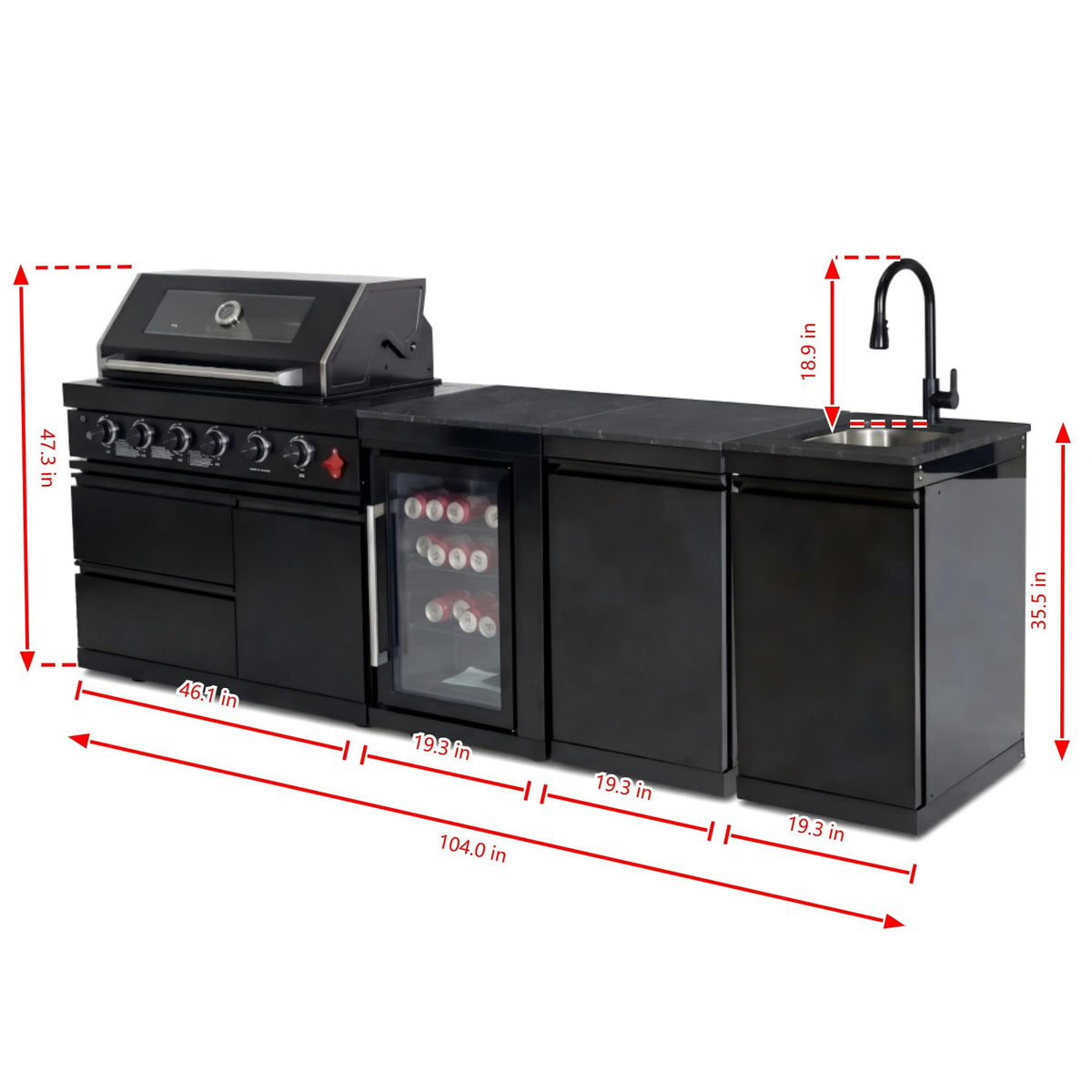 104" Modular Outdoor Kitchen Island with 4-Burner Propane Grill, Refrigerator, Sink, Storage Cabinets, and Granite Countertop Y6544