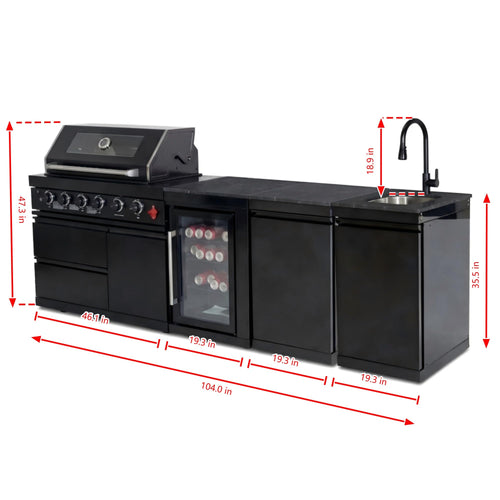 104" Modular Outdoor Kitchen Island with 4-Burner Propane Grill, Refrigerator, Sink, Storage Cabinets, and Granite Countertop Y6544