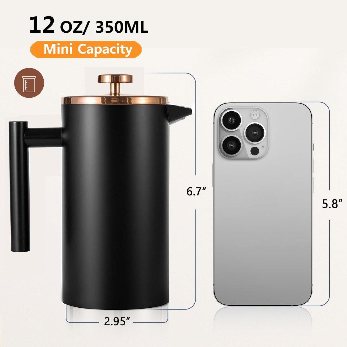 Black Stainless Steel 12oz French Press Coffee Maker S48405