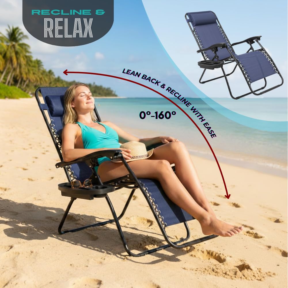 NavyBlue Adjustable Folding Zero Gravity Lounge Chair with Pillow and Cup Holder S912