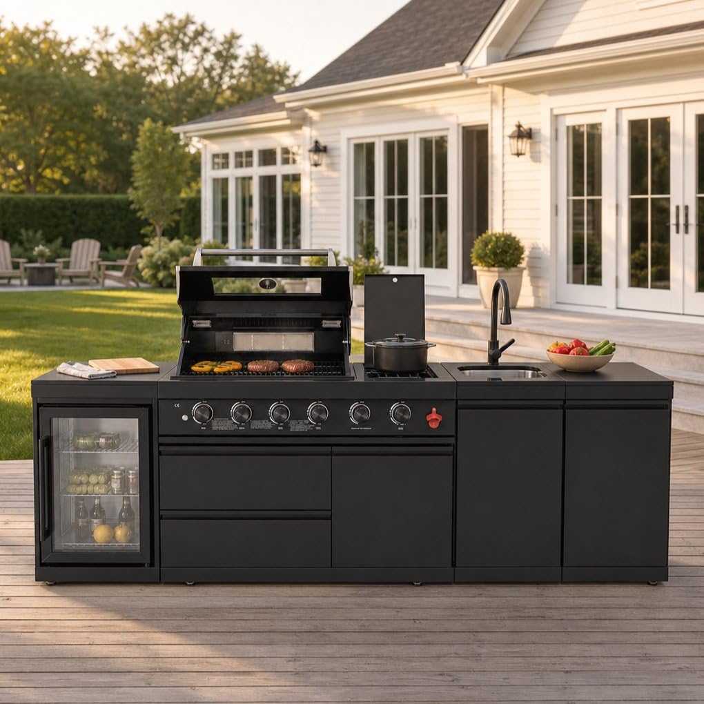 104" Modular Outdoor Kitchen Island with 4-Burner Propane Grill, Refrigerator, Sink, Storage Cabinets, and Granite Countertop Y6544