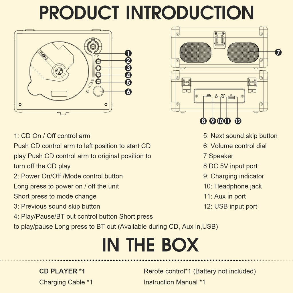 Black Portable CD Player with Speakers, Bluetooth, Remote Control, USB Playback A93117