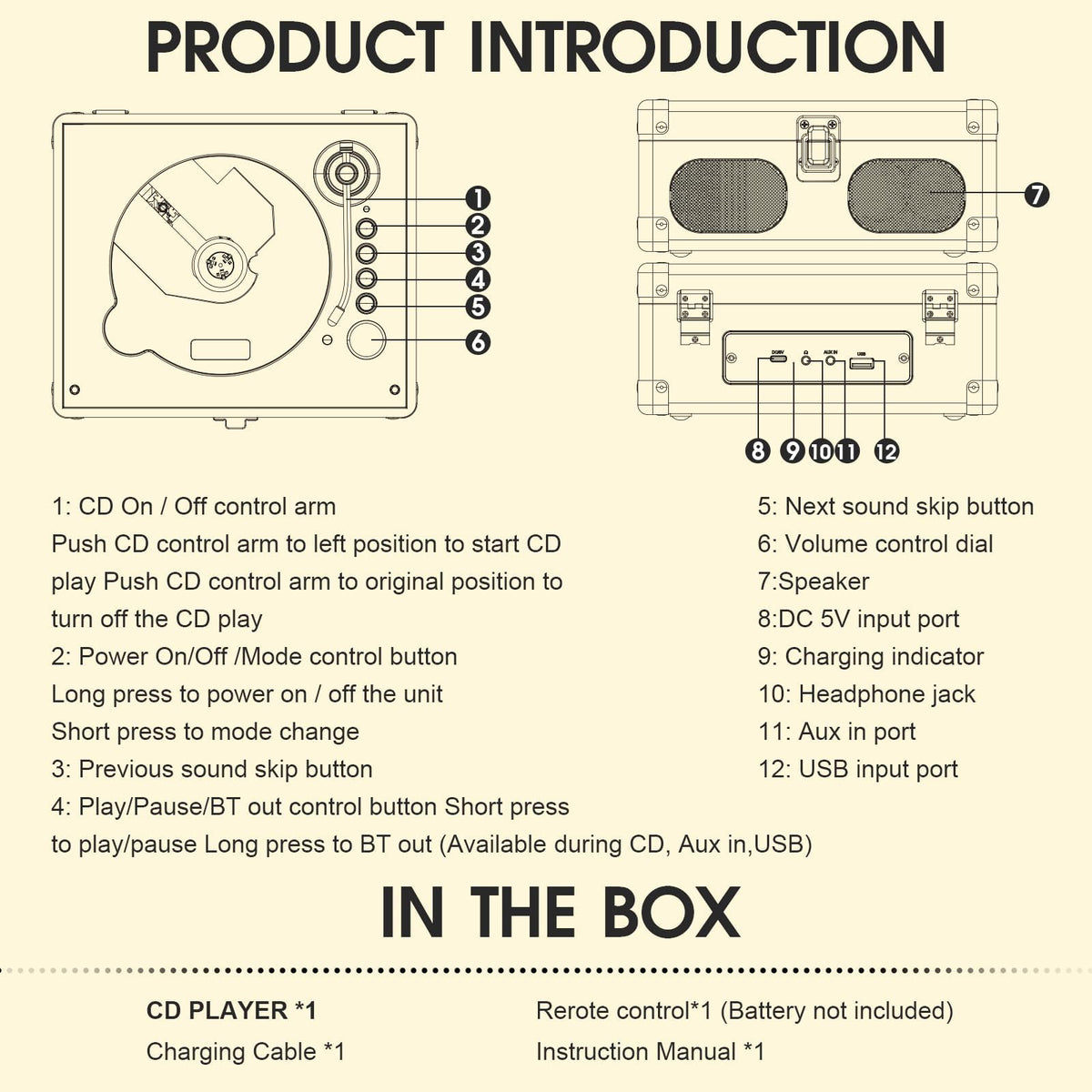 Black Portable CD Player with Speakers, Bluetooth, Remote Control, USB Playback A93117