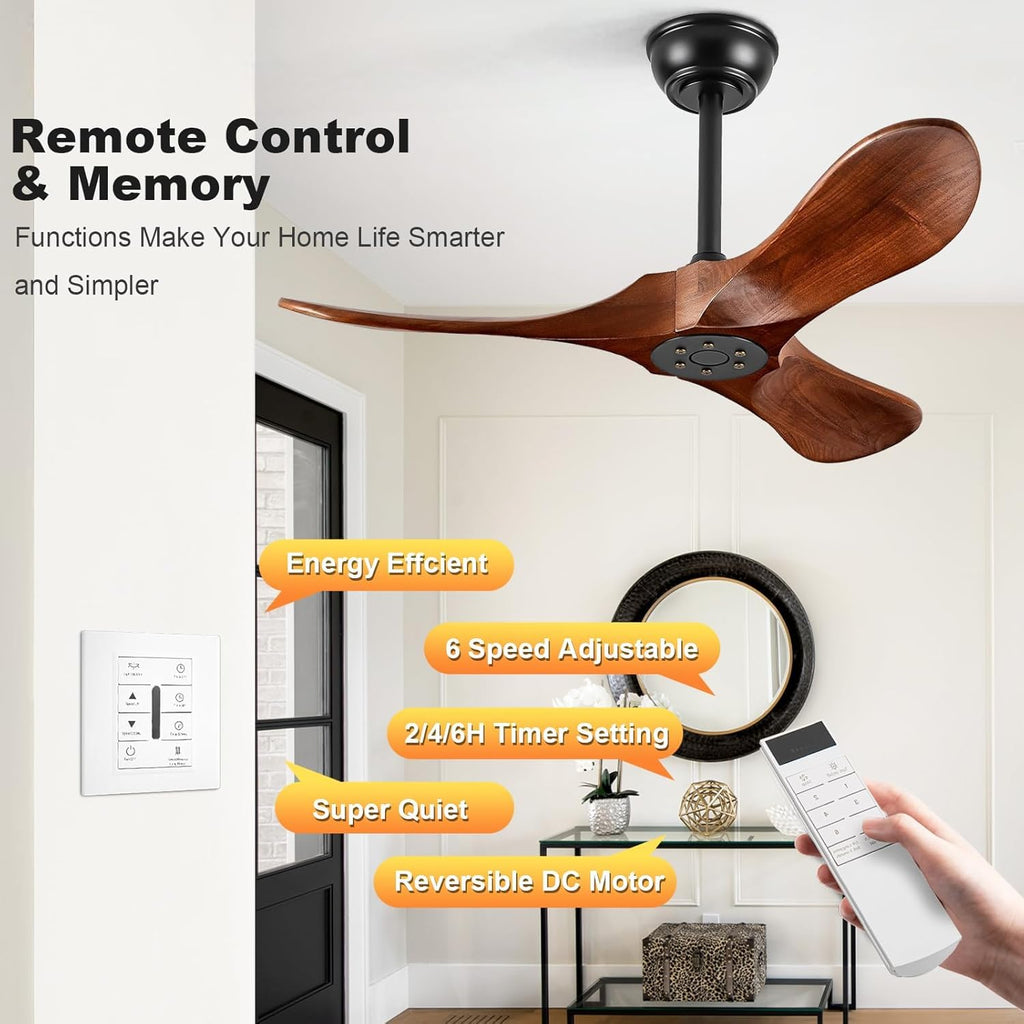 Solid Wood 3 Blade Ceiling Fan with Remote Wall Control P440
