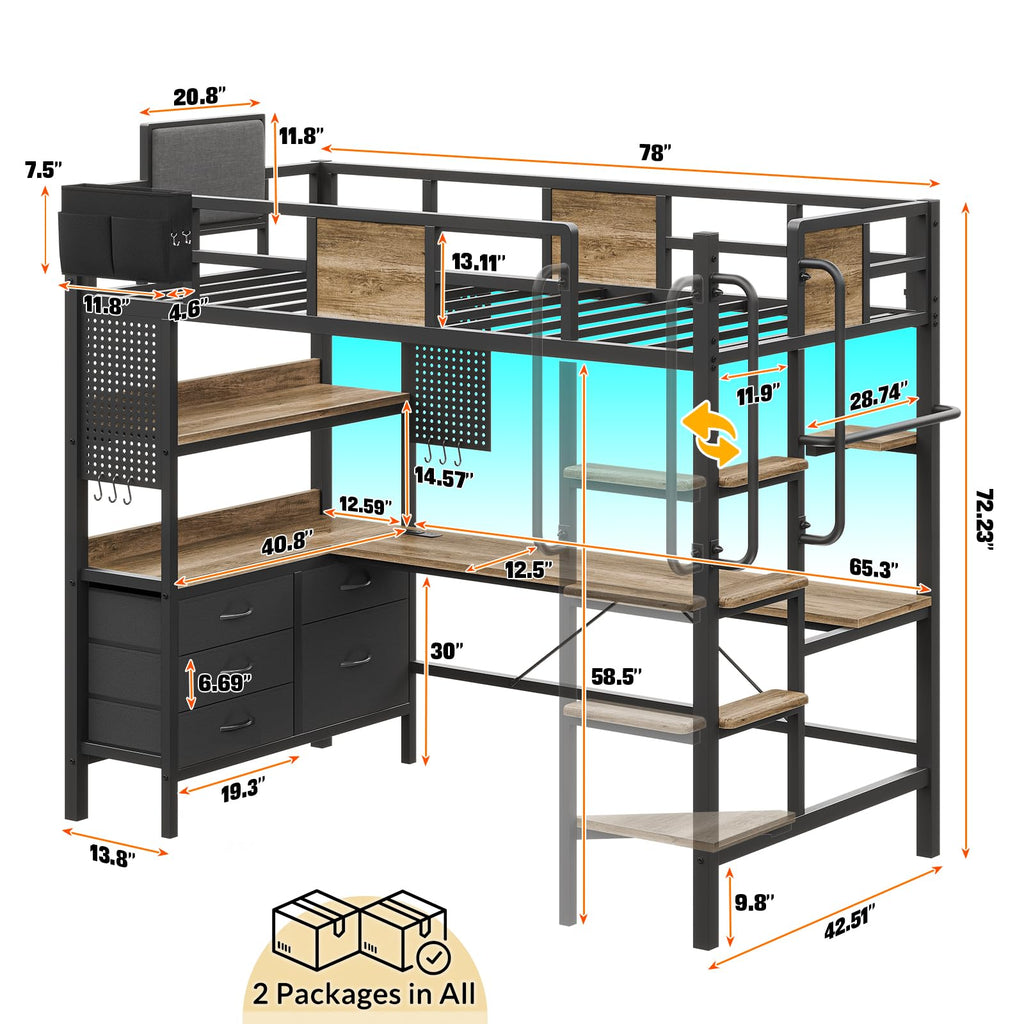 Twin Size Loft Bed with Desk and 5 Drawer M134569