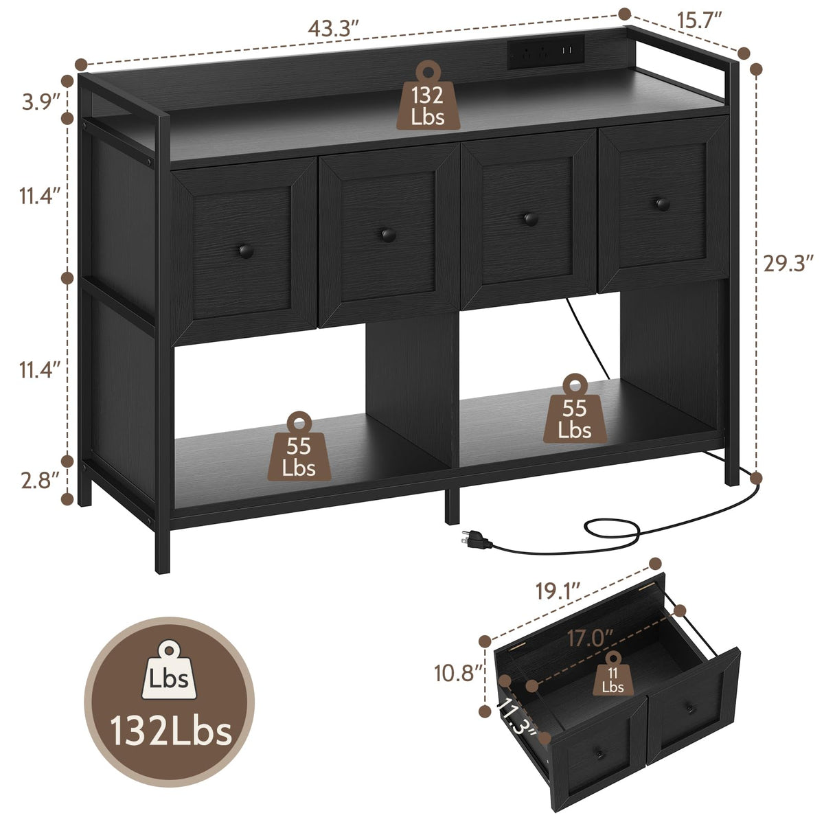 Black 2 Drawer Wood File Cabinet with Power Outlet X299441