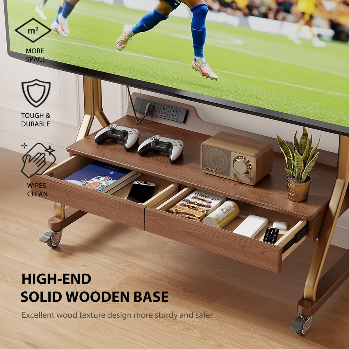 Rolling TV Stand with Wheels for 40-75" TVs, Height Adjustable, 2 Drawers N32853