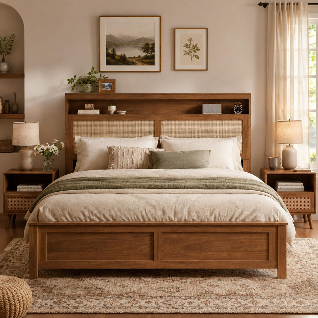 Brown Queen Wood Bed Frame with Storage Headboard J701