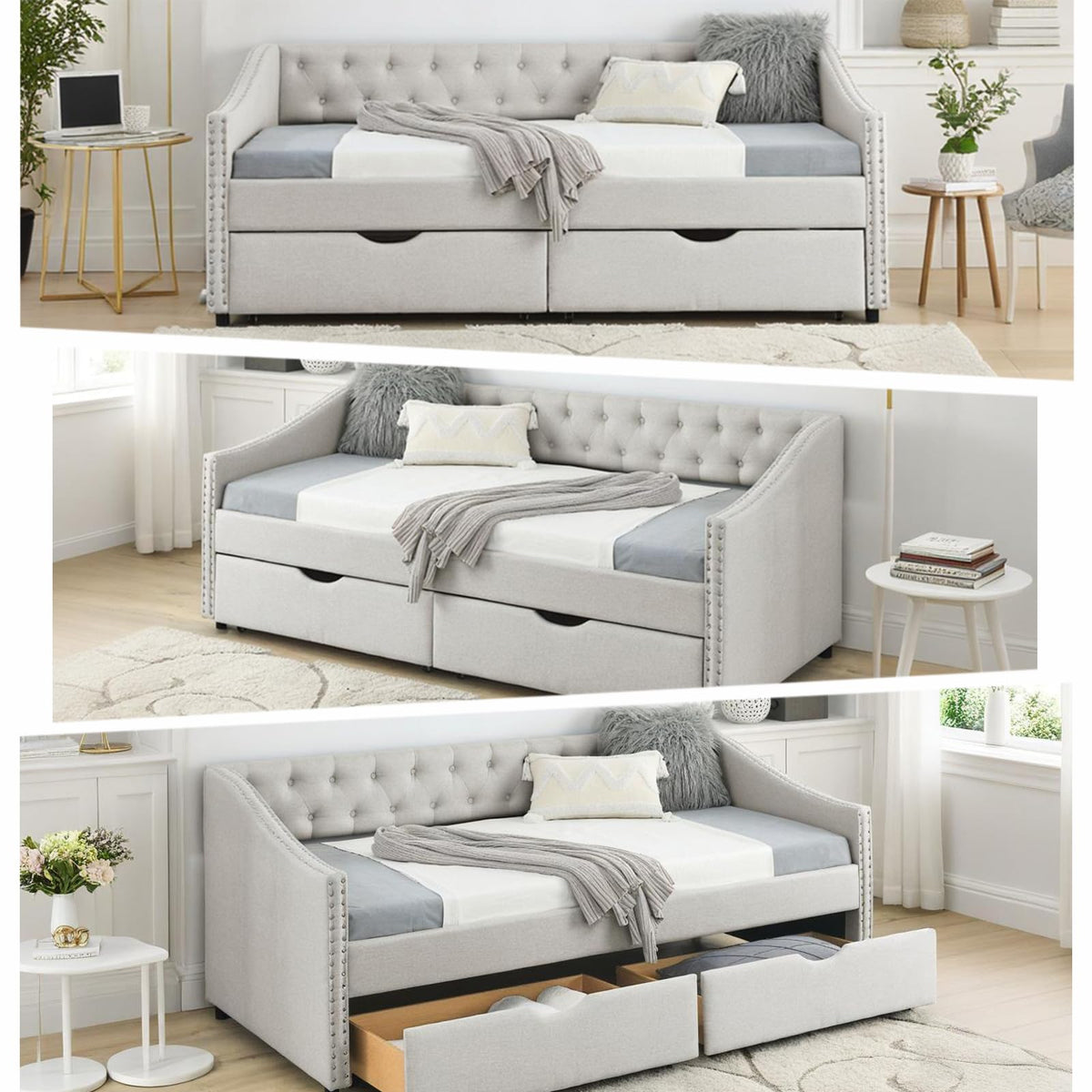 Twin Linen Upholstered Daybed with 2 Storage Drawers F1026