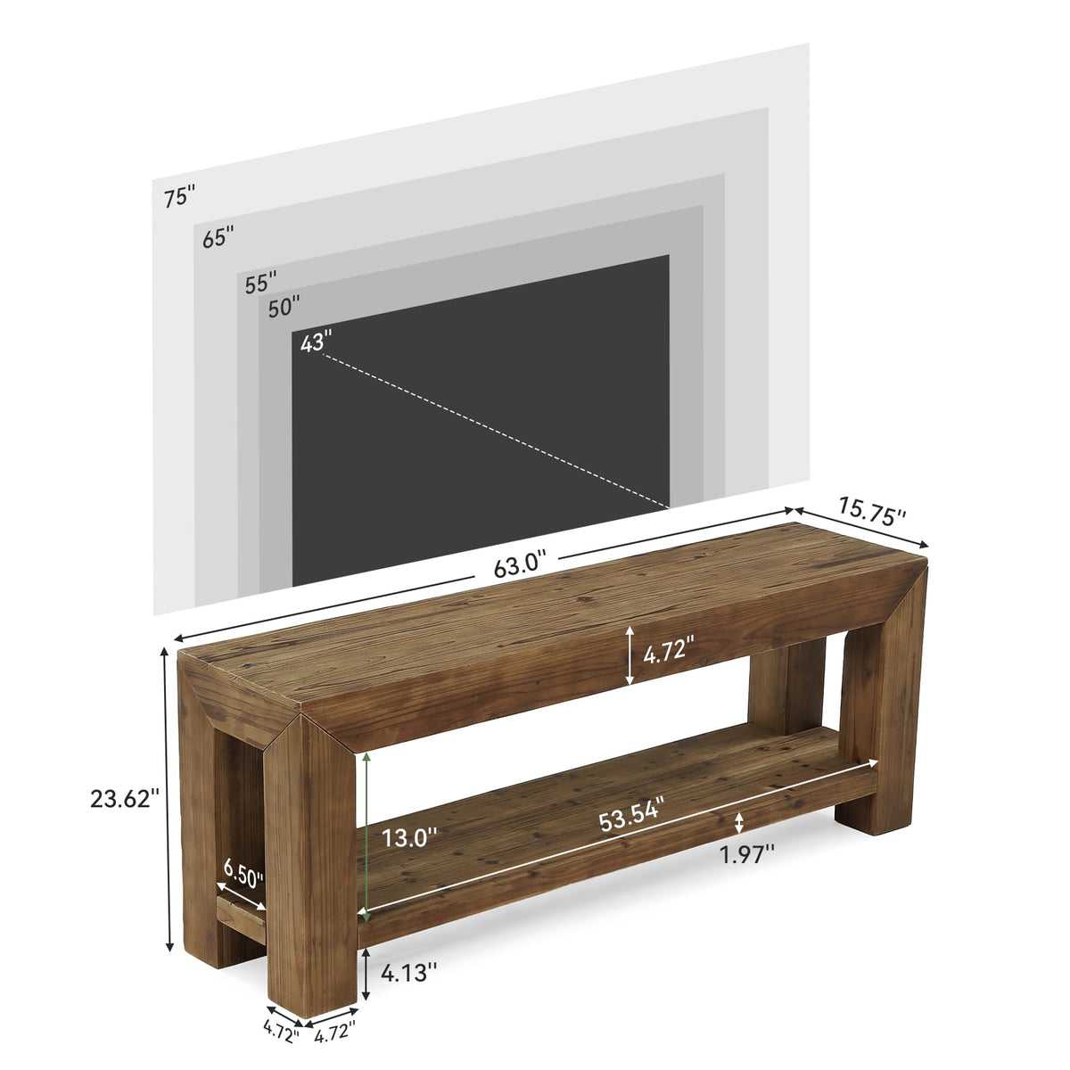 Solid Wood 63" TV Stand with Open Storage Shelves X9685
