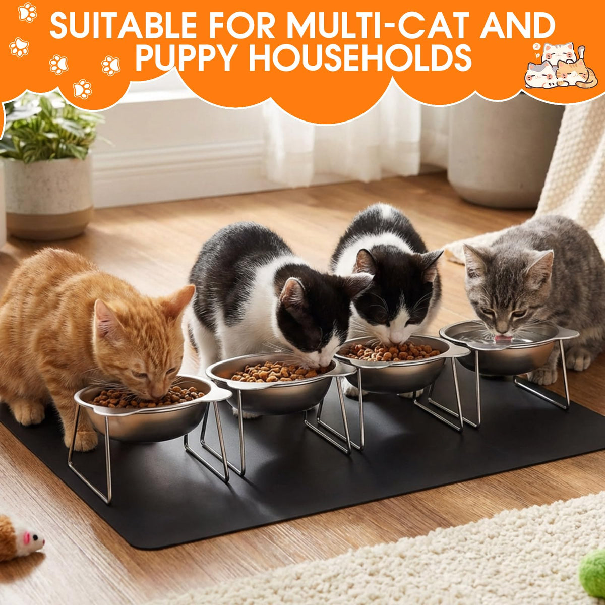 4 Set Elevated Stainless Steel Cat Food Water Bowls Y2427