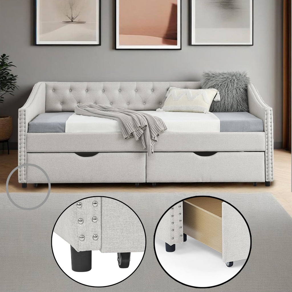 Twin Linen Upholstered Daybed with 2 Storage Drawers F1026