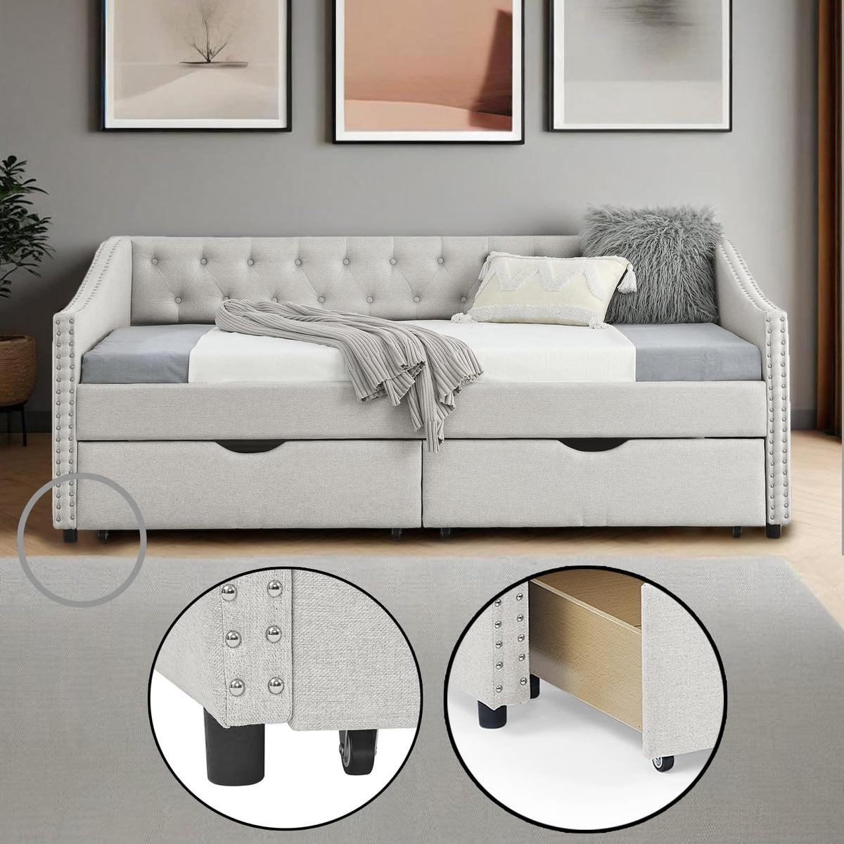 Twin Linen Upholstered Daybed with 2 Storage Drawers F1026