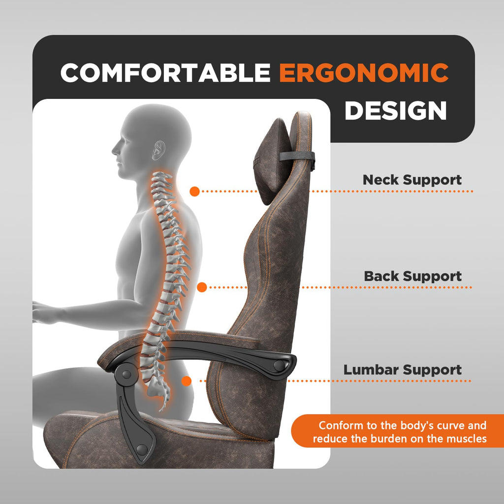 Brown PU Leather Ergonomic Reclining Gaming Chair with Massage Lumbar Support and Footrest C14613