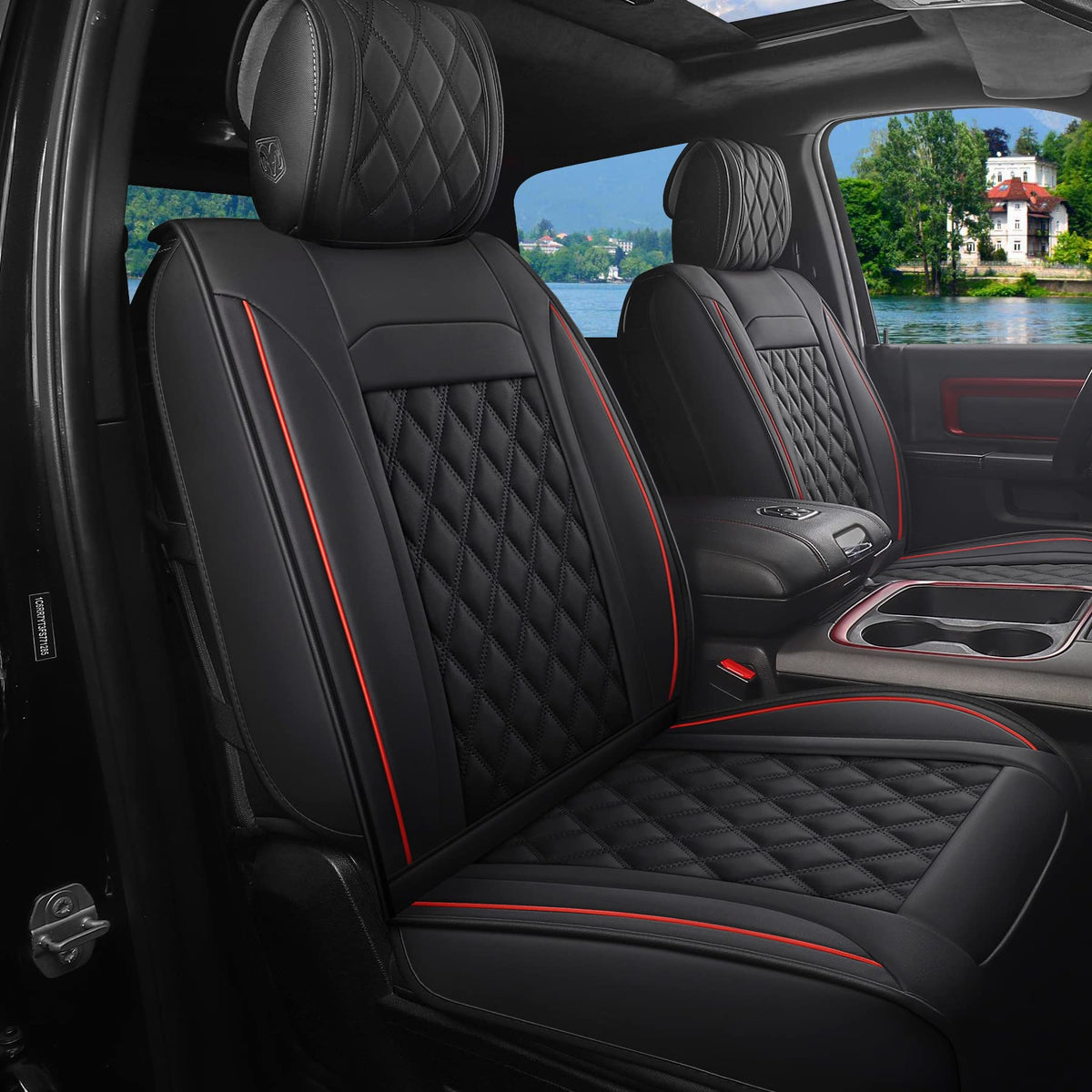 Waterproof Synthetic Leather Car Seat Covers 5PCS Full Set Black Red M3152