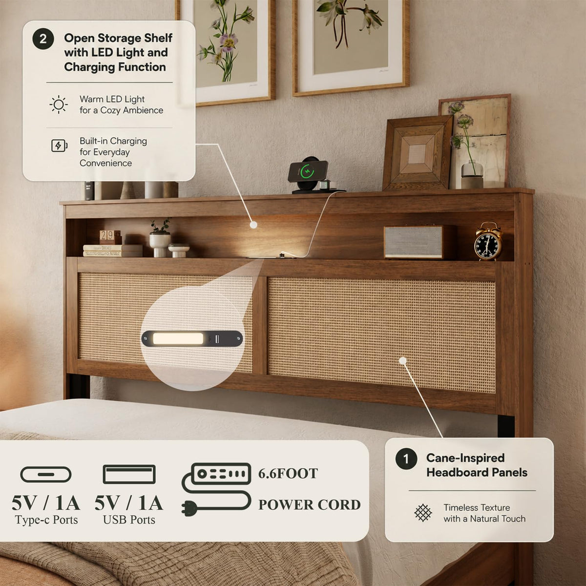 Brown Queen Wood Bed Frame with Storage Headboard J701