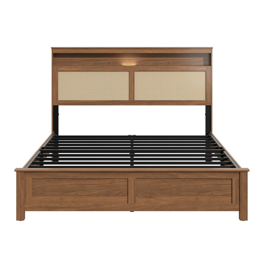 Brown Queen Wood Bed Frame with Storage Headboard J701