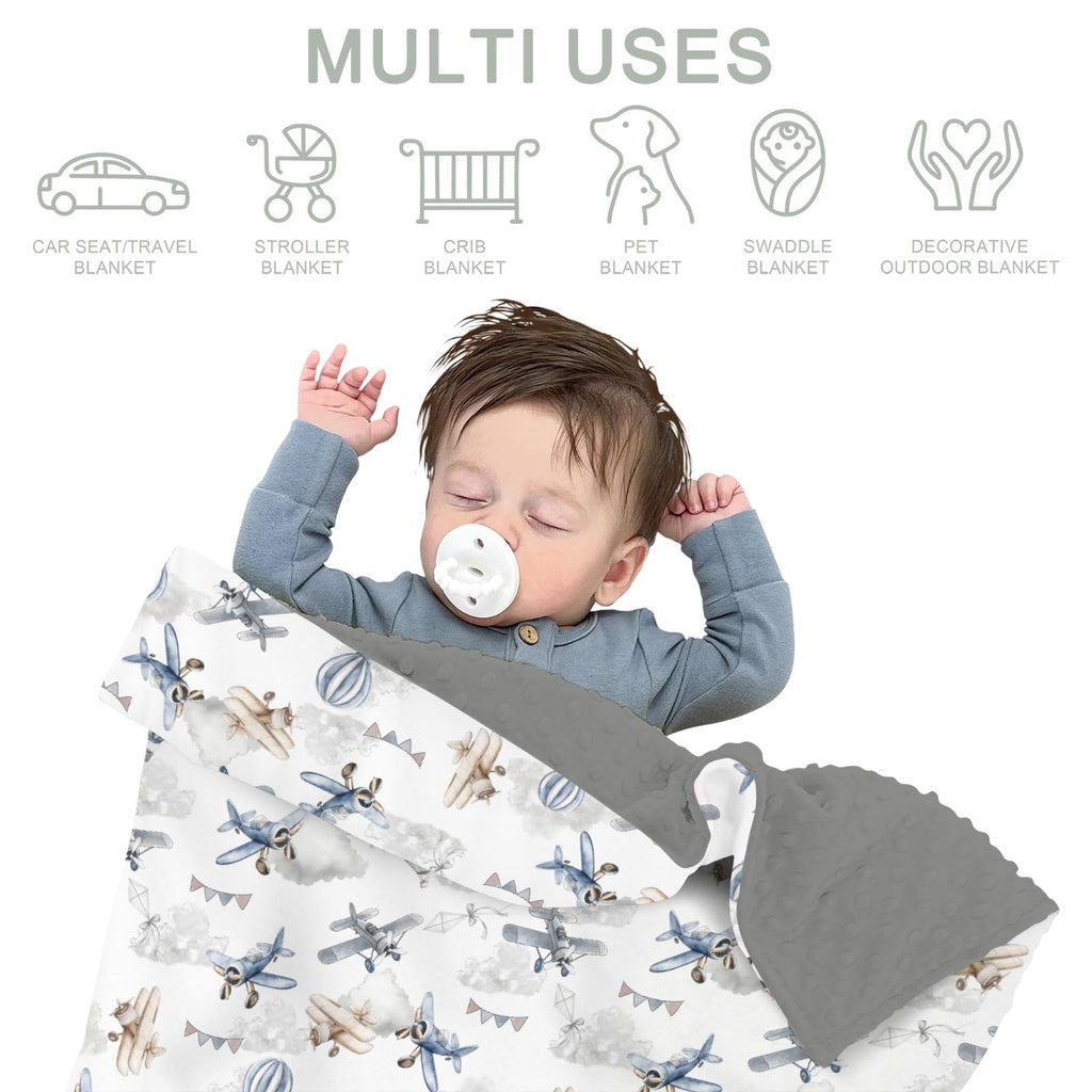 Vintage Planes Helicopters Hot Air Balloon Soft Mink Dotted Backing Double Layer Baby Blanket 30x40 J1966