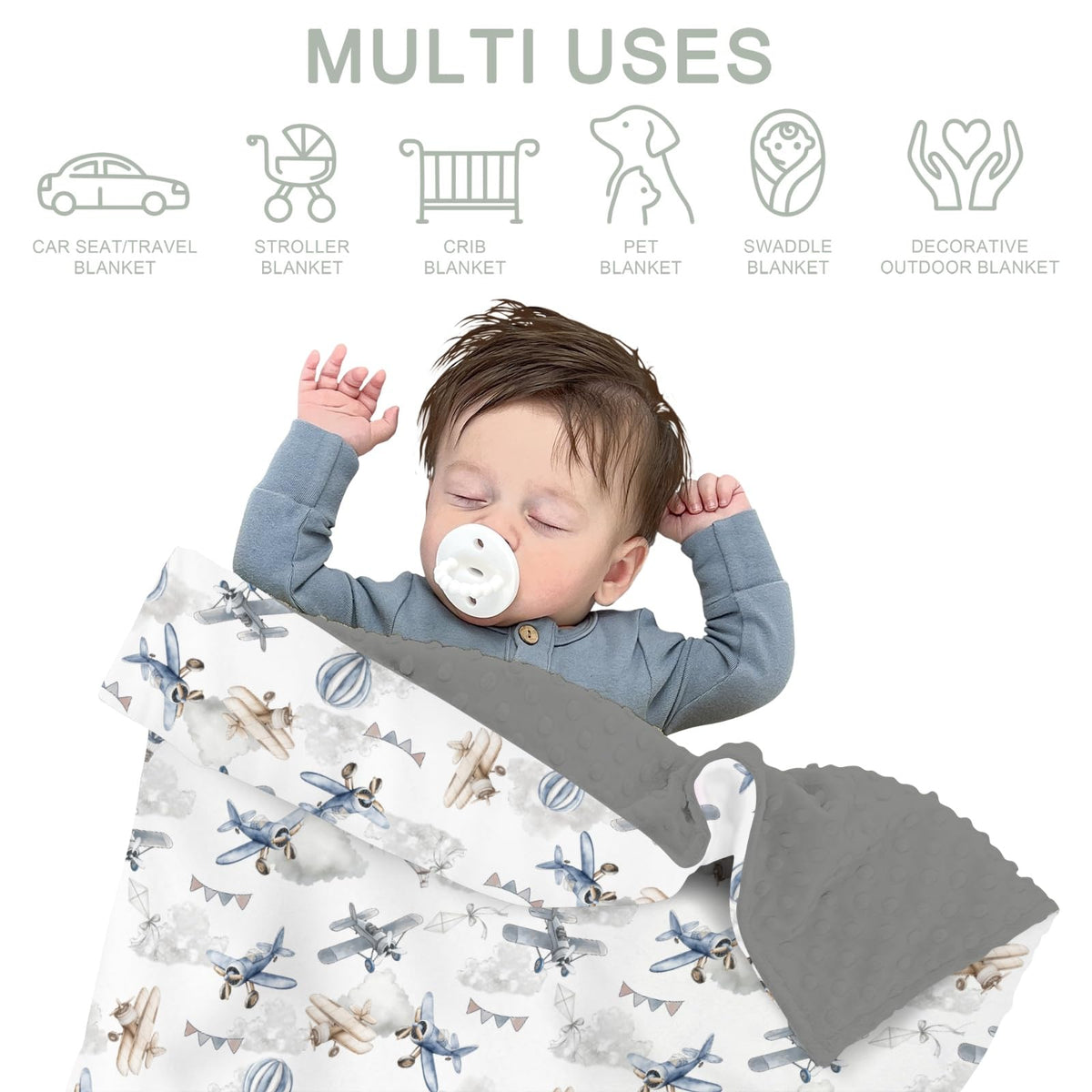 Vintage Planes Helicopters Hot Air Balloon Soft Mink Dotted Backing Double Layer Baby Blanket 30x40 J1966