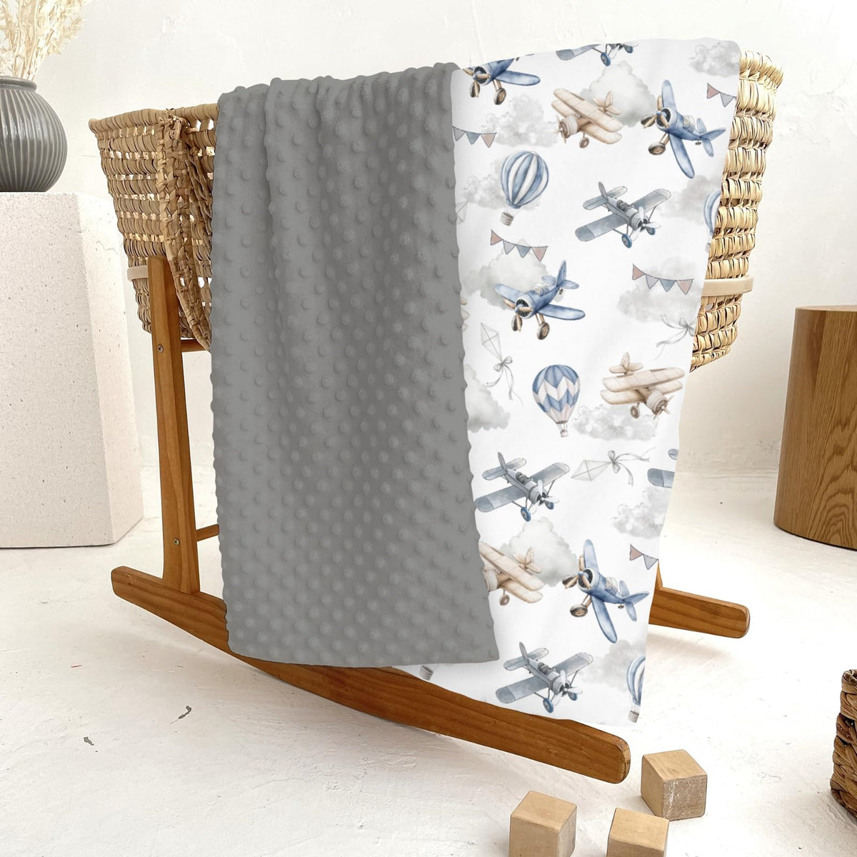 Vintage Planes Helicopters Hot Air Balloon Soft Mink Dotted Backing Double Layer Baby Blanket 30x40 J1966