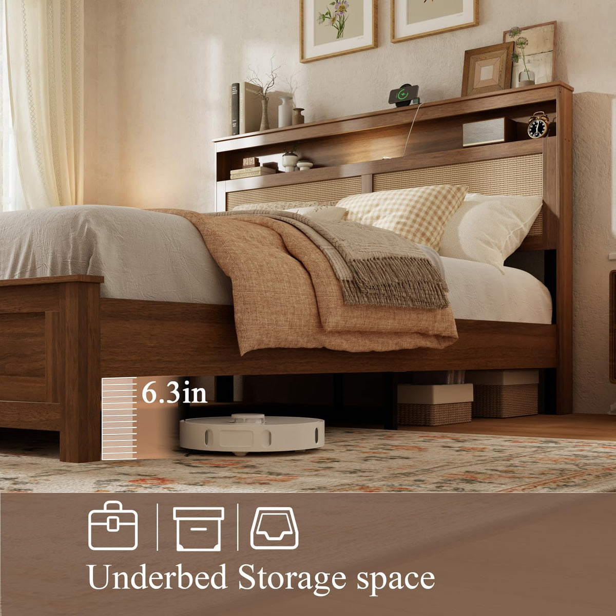 Brown Queen Wood Bed Frame with Storage Headboard J701