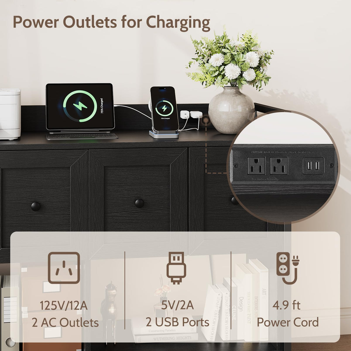 Black 2 Drawer Wood File Cabinet with Power Outlet X299441