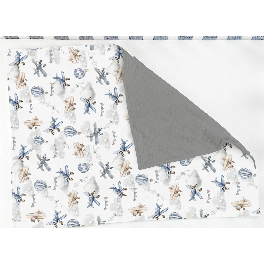 Vintage Planes Helicopters Hot Air Balloon Soft Mink Dotted Backing Double Layer Baby Blanket 30x40 J1966