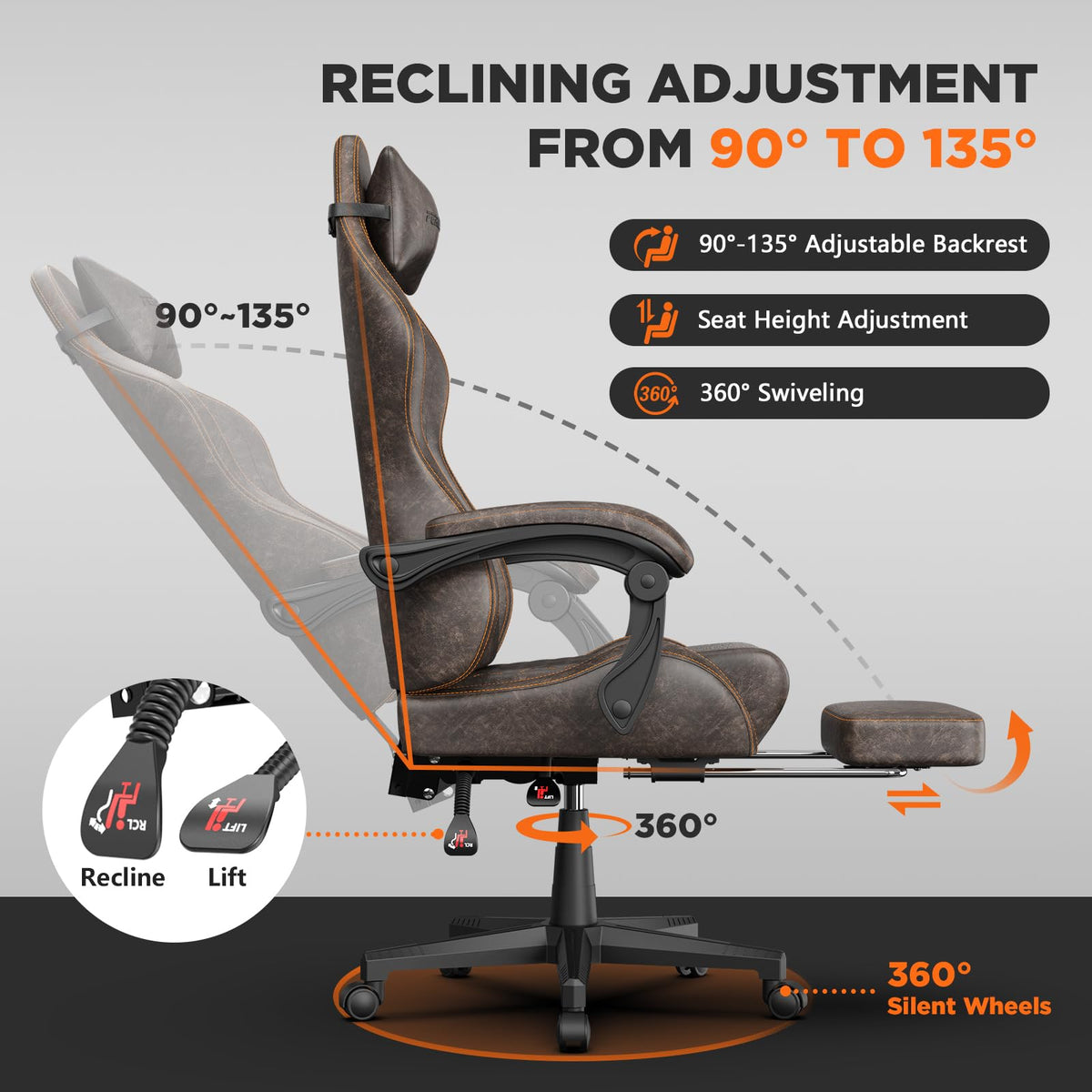 Brown PU Leather Ergonomic Reclining Gaming Chair with Massage Lumbar Support and Footrest C14613