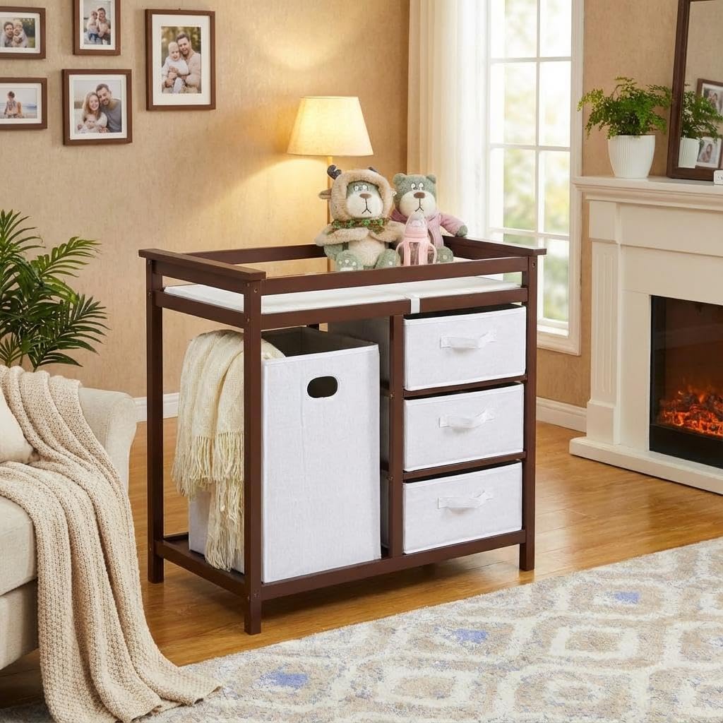Modern Baby Changing Table with Laundry Hamper & 3 Drawers P9402