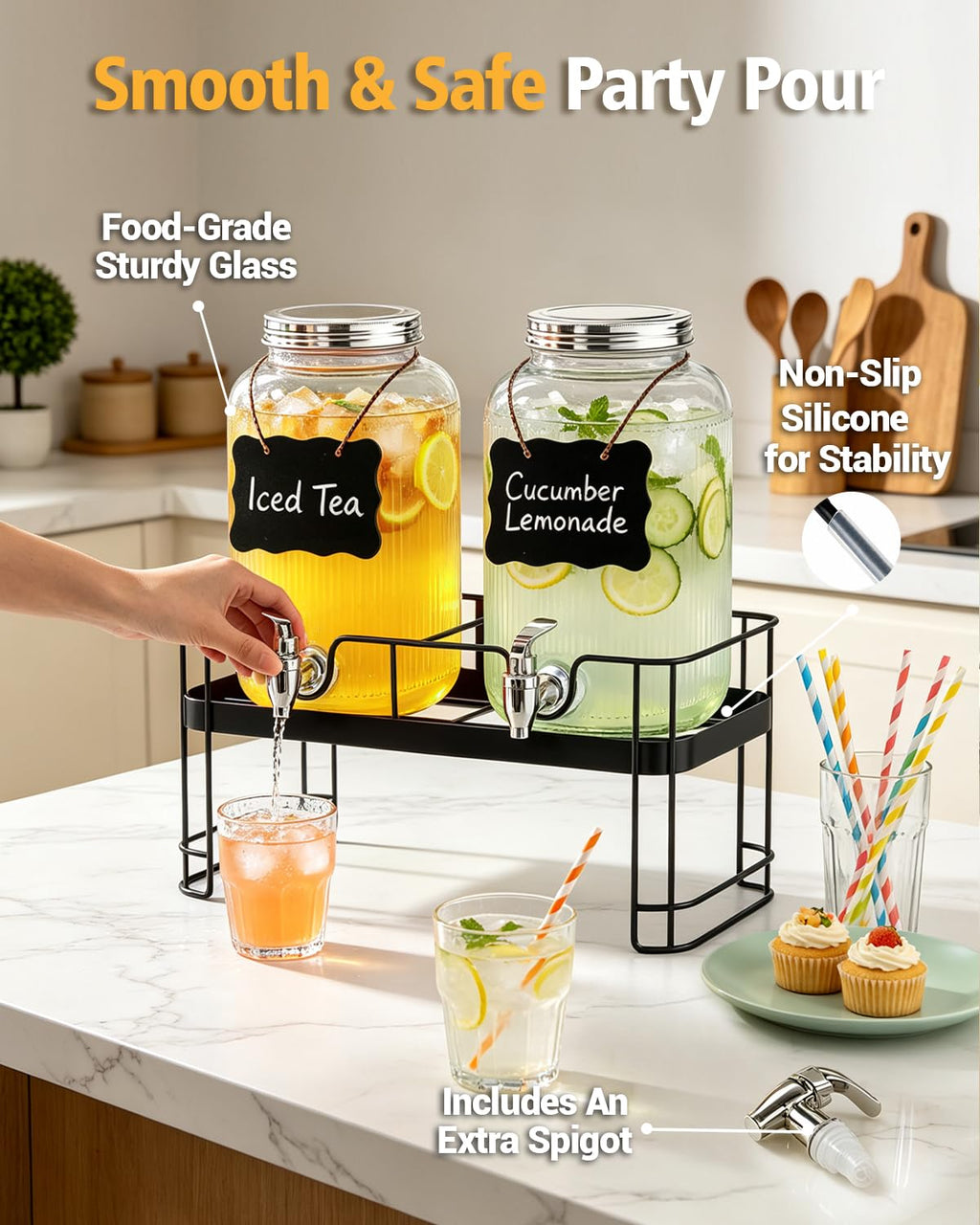 2 Pack 1 Gallon Glass Drink Dispensers with Stand O5947
