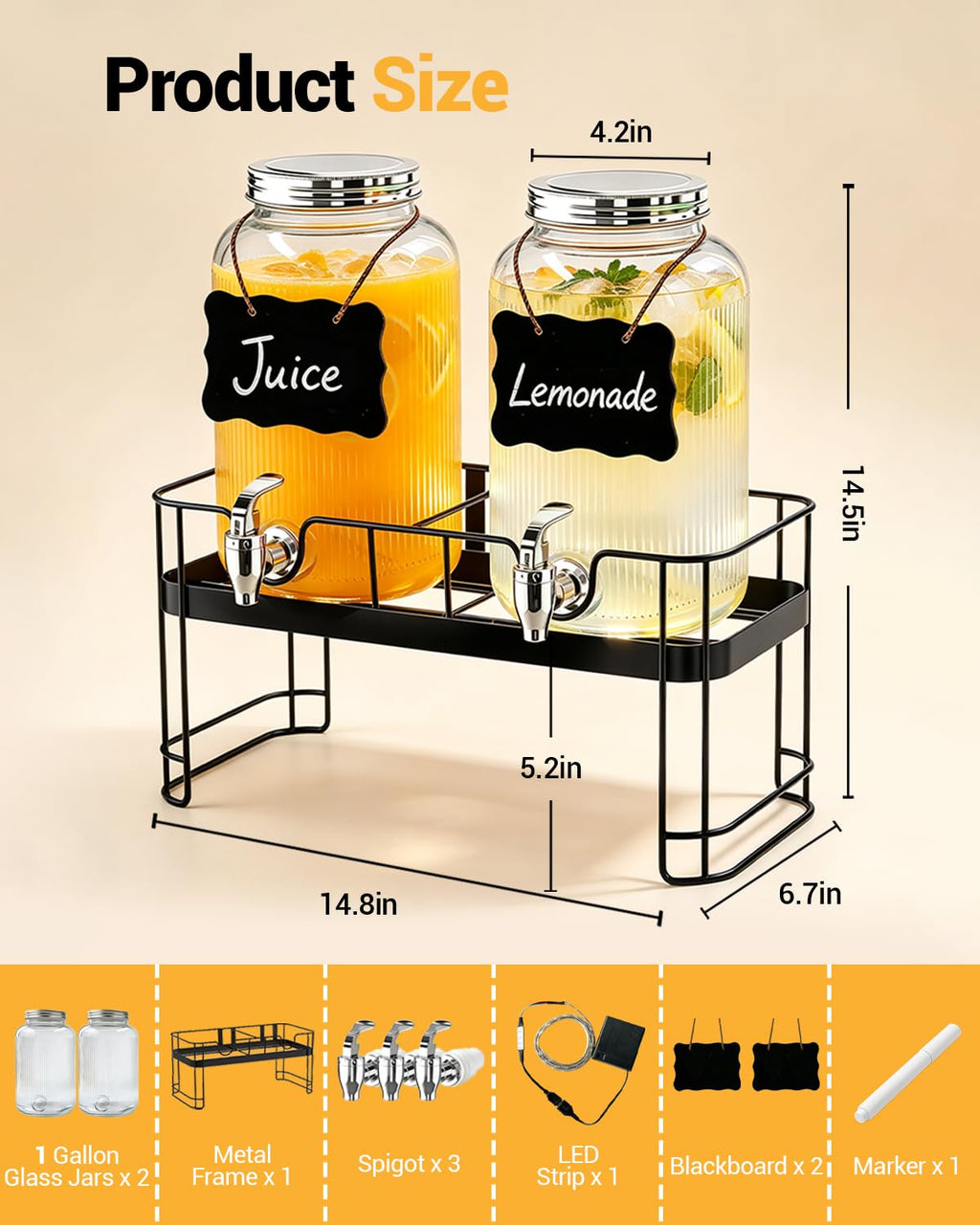 2 Pack 1 Gallon Glass Drink Dispensers with Stand O5947