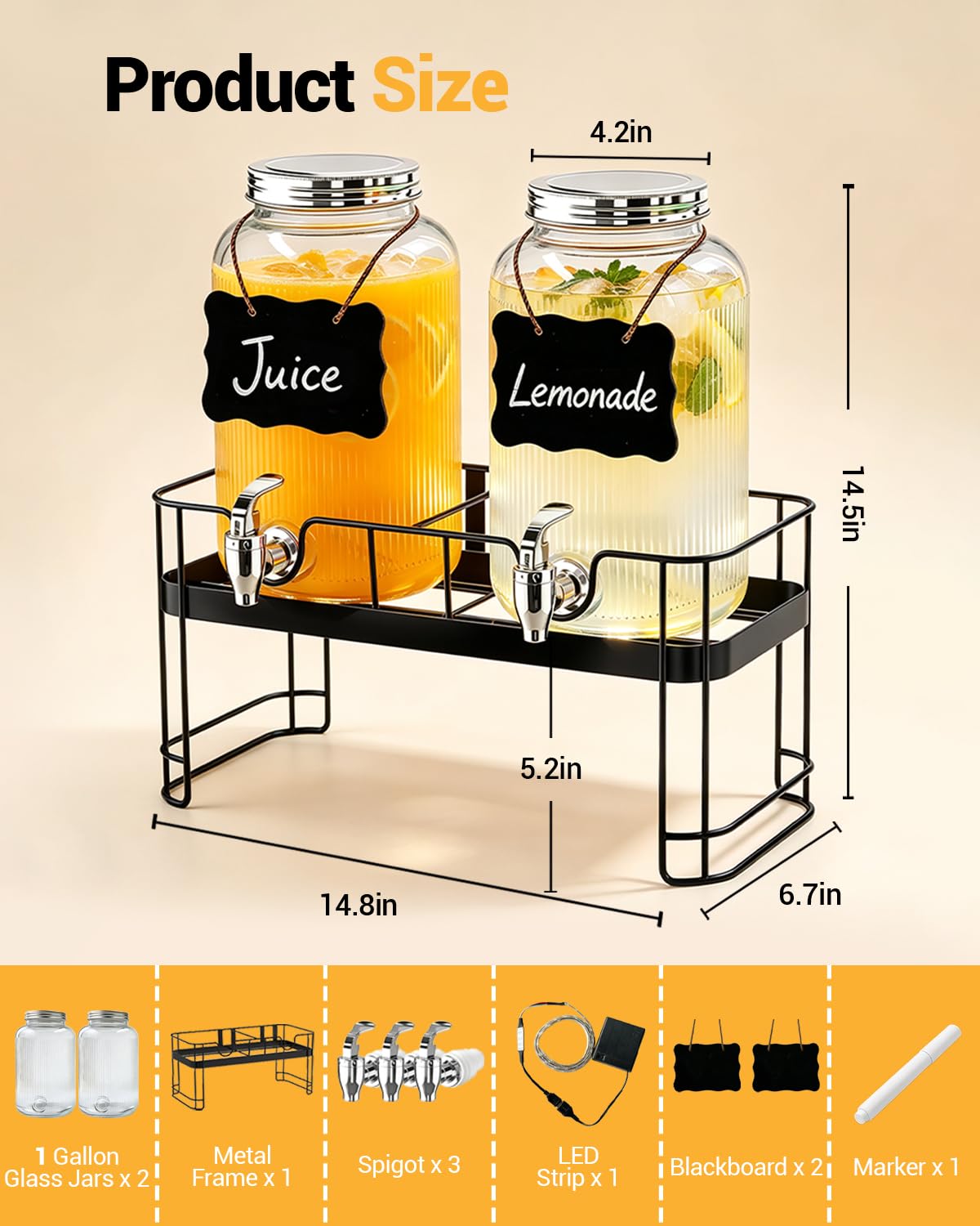 2 Pack 1 Gallon Glass Drink Dispensers with Stand O5947