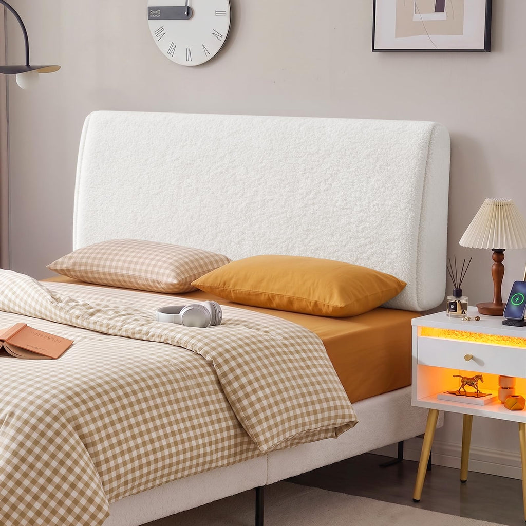 4.7" Upholstered Queen Size Headboard Teddy Velvet Beige Q41857
