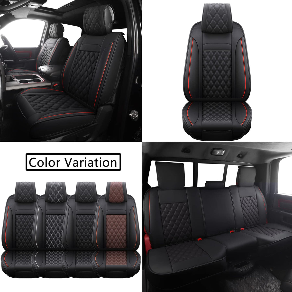 Waterproof Synthetic Leather Car Seat Covers 5PCS Full Set Black Red M3152