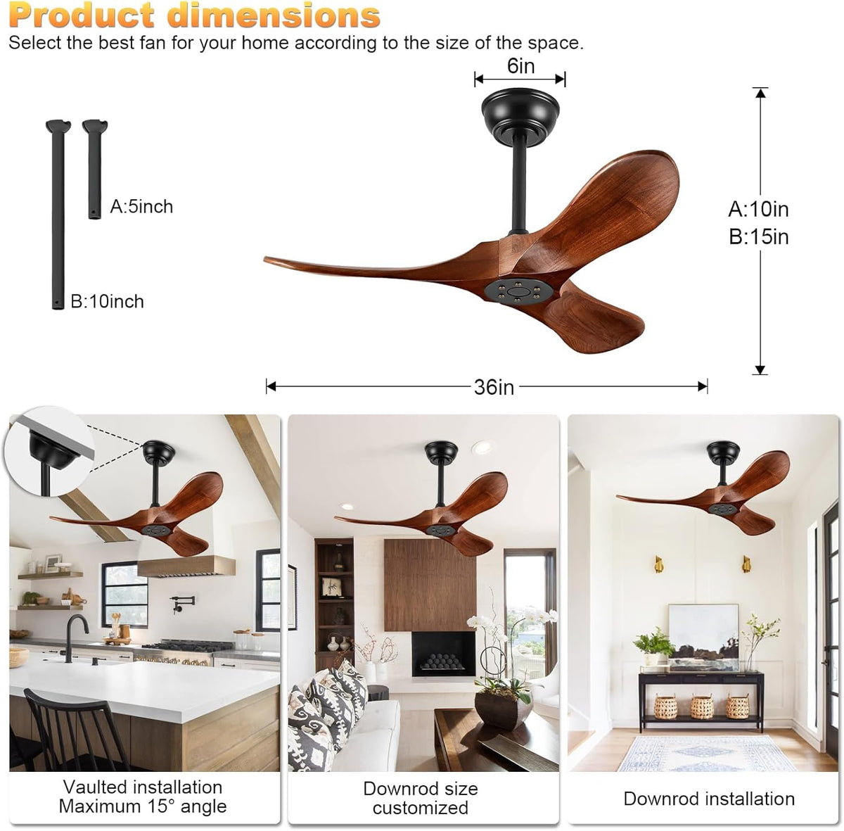 Solid Wood 3 Blade Ceiling Fan with Remote Wall Control P440