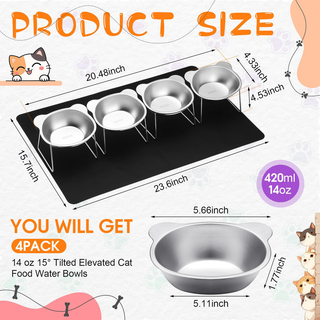 4 Set Elevated Stainless Steel Cat Food Water Bowls Y2427