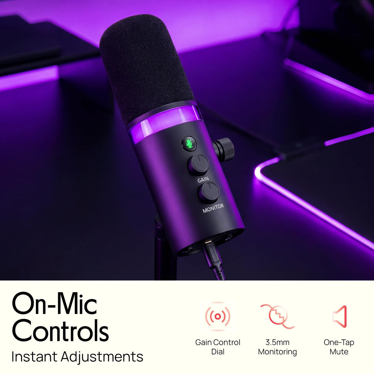 USB/XLR Cardioid Recording Microphone with RGB Lighting and Desktop Stand Q834050