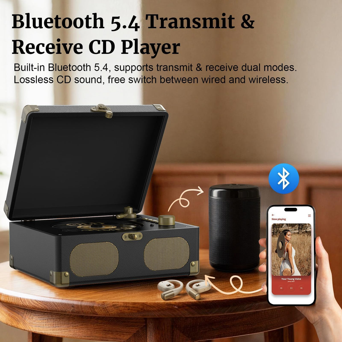 Black Portable CD Player with Speakers, Bluetooth, Remote Control, USB Playback A93117
