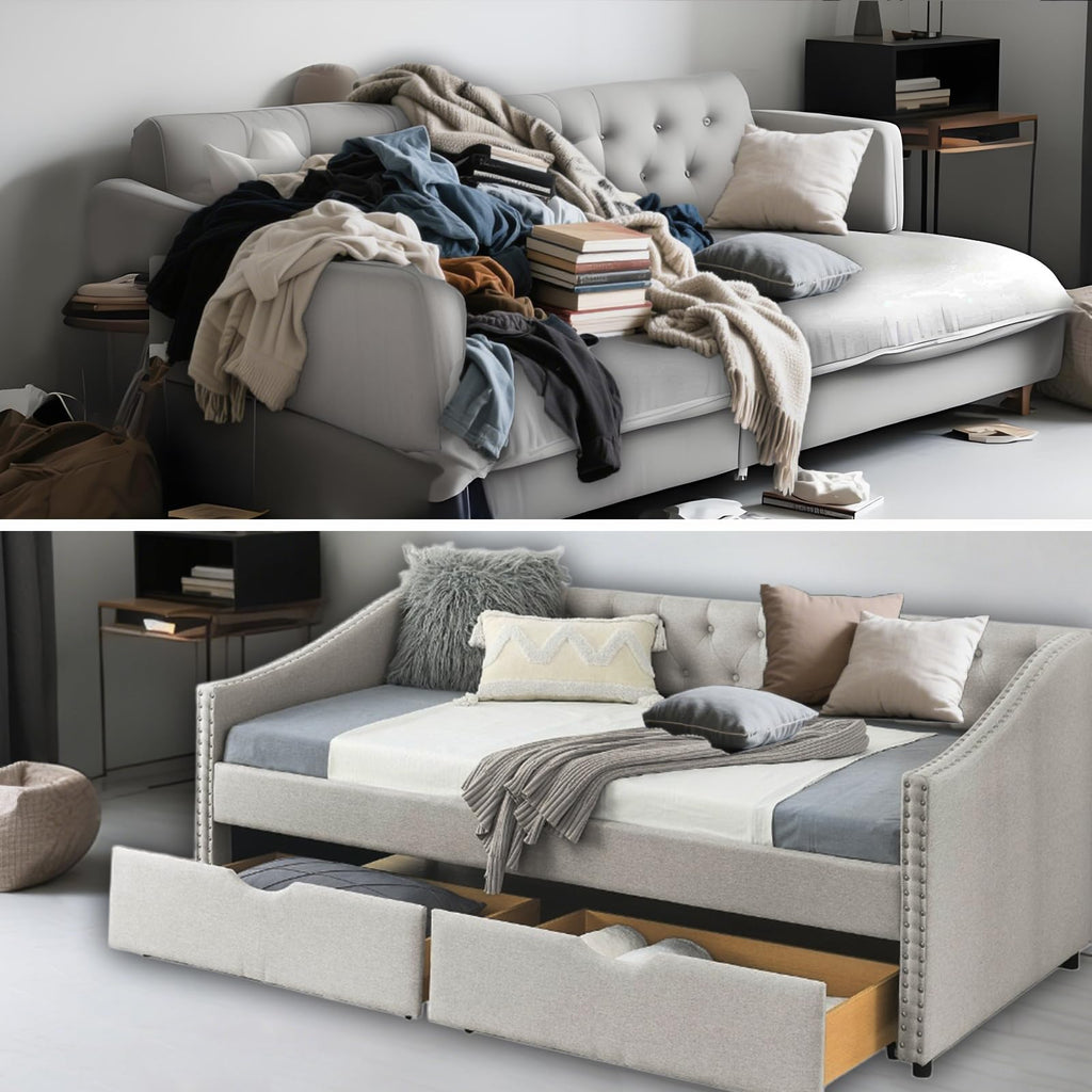 Twin Linen Upholstered Daybed with 2 Storage Drawers F1026