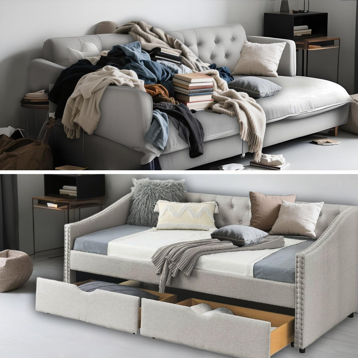 Twin Linen Upholstered Daybed with 2 Storage Drawers F1026